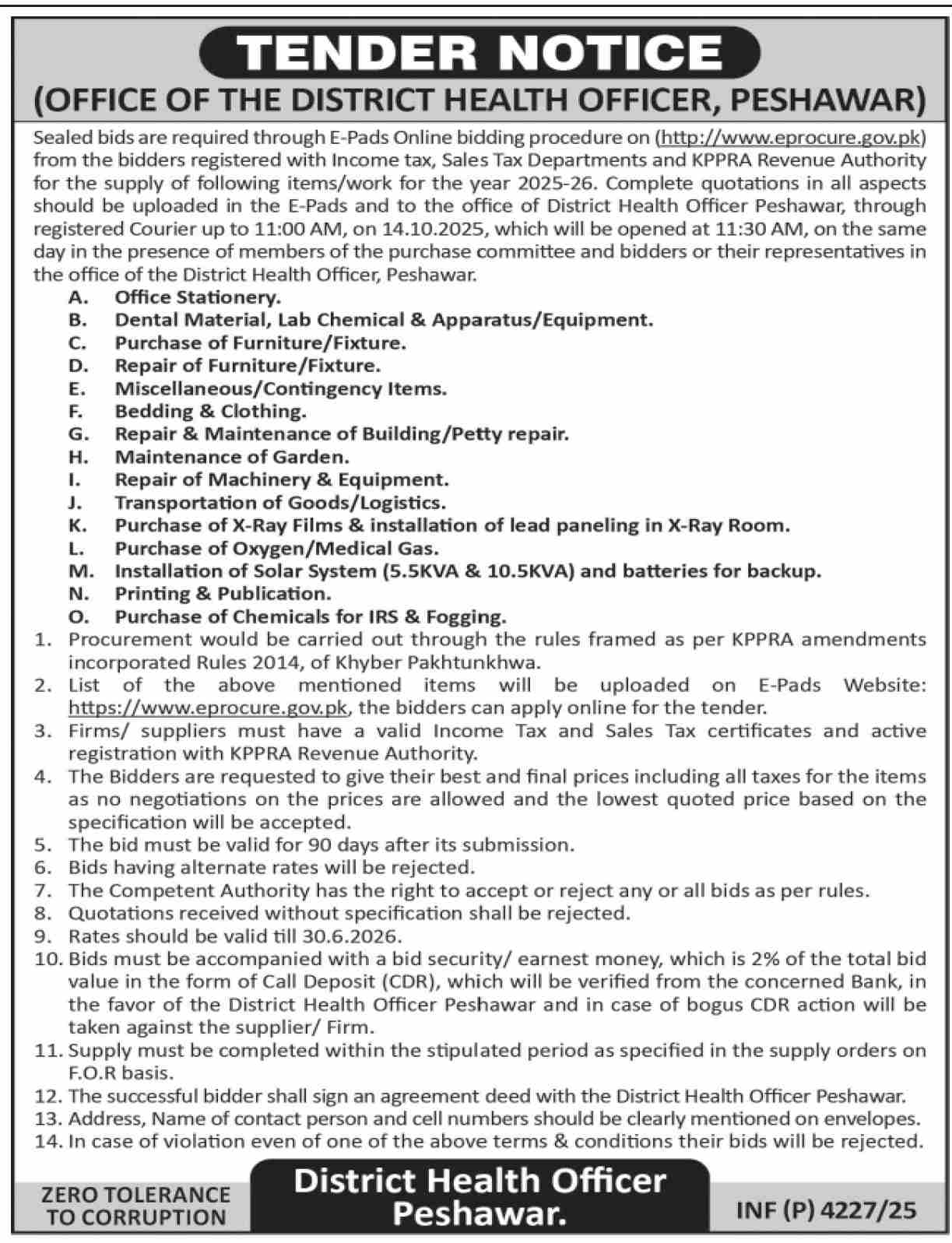 Health Department Peshawar Tender Notice